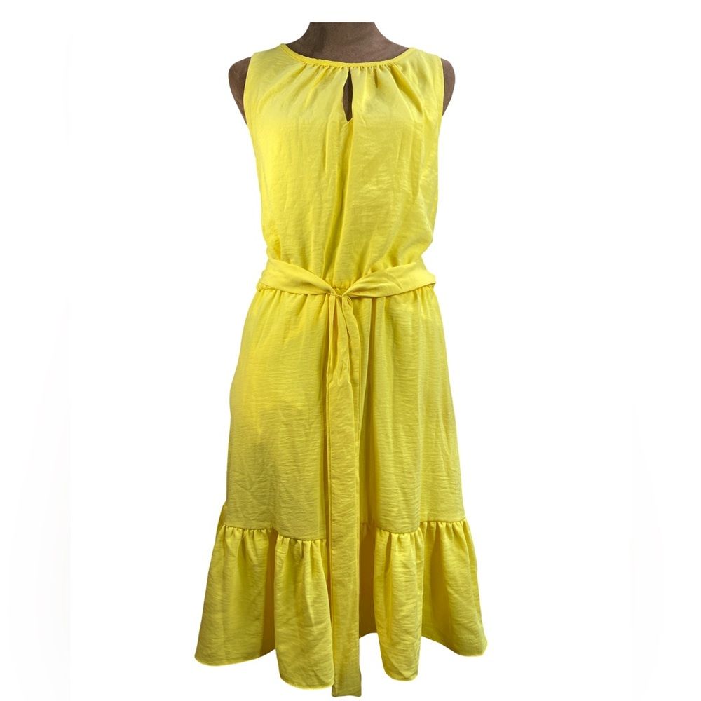 Tahari Arthur S. Levine Yellow Midi Dress Size‎ 10 Cutout Belted Ruffle Hem